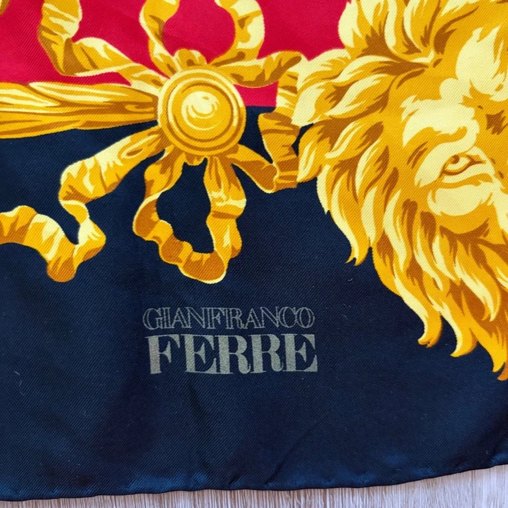 Gianfranco Ferre Silk Scarf Red Gold Baroque Lion Cherub Angels Lyre 34x34